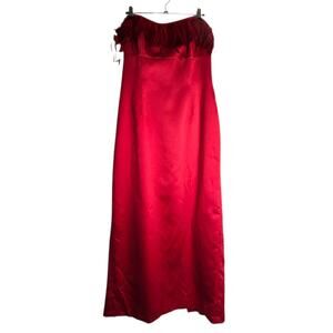 Vintage 90s Red Satin Feather Maxi Gown Size 14 Sleeveless